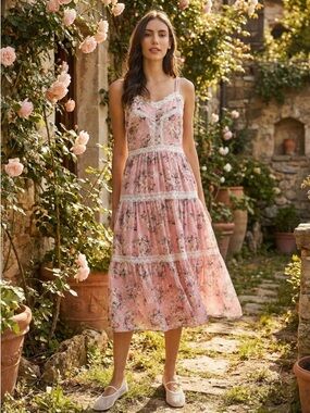 Camellia Pink Floral Lace-Trim Midi Sundress